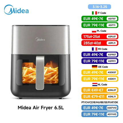 Midea 6.5L Air Frye Healthy Oil-Free Cooking Adjustable Temp & Timer Rapid Air Circulation Removable Non-Stick Basket  Energy