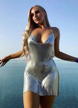 2023 Sexy Clubwear Backless paillettes abito corto per le donne Cocktail Metalic Split Mesh Harness Body Chain Club Low Cut Mini Dress