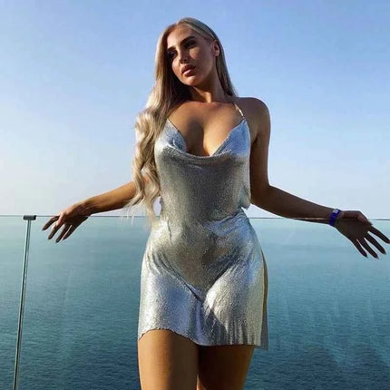 2023 Sexy Clubwear Backless paillettes abito corto per le donne Cocktail Metalic Split Mesh Harness Body Chain Club Low Cut Mini Dress