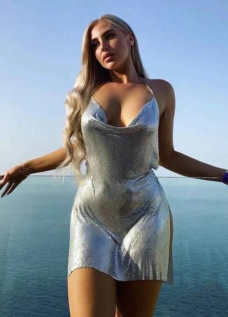 2023 Sexy Clubwear Backless paillettes abito corto per le donne Cocktail Metalic Split Mesh Harness Body Chain Club Low Cut Mini Dress