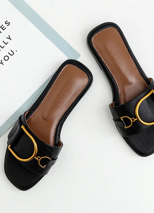 Pantofole piatte da donna estate in pelle punta quadrata donna appartamenti infradito Designer signore diapositive sandali scarpe da donna sandali di lusso