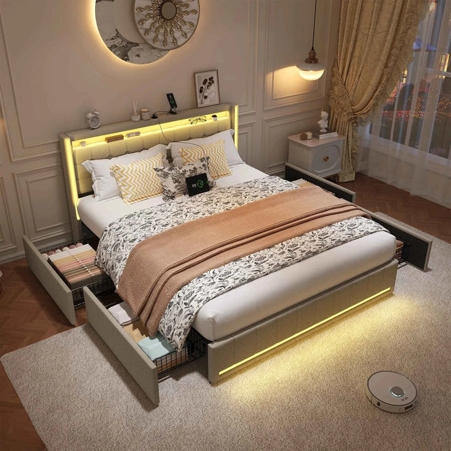Comanlai 160×200cm Youth Bed, Adult Bed, Upholstered Double Bed, with LED and USB 4 Drawers, Headboard with Storage Space Linen