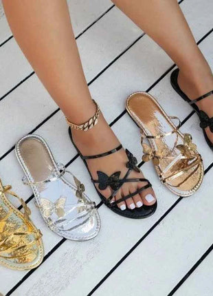 Pantofole da donna con Design a farfalla Summer Chic Rose Gold Metal Band Slides Ladies Casual Outdoor Flat Beach Sandal Shoes Plus Size
