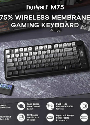 ATTACK SHARK M75 Wireless Membrane Gaming Keyboard with Knob&OLED Display Bluetooth/2.4Ghz Rainbow Backlit Gradient PBT Keycaps