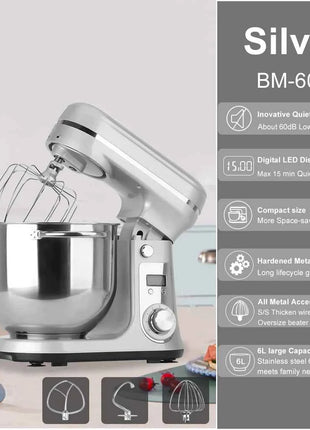 BioloMix 6-speed Kitchen Food Stand Mixer 1200W DC Quiet Motor  6L Stainless Steel Bowl with Cream Egg Whisk Whip Dough Kneader