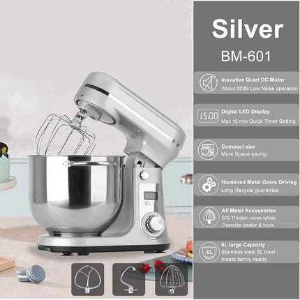BioloMix 6-speed Kitchen Food Stand Mixer 1200W DC Quiet Motor  6L Stainless Steel Bowl with Cream Egg Whisk Whip Dough Kneader