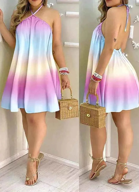 Abito con scollo all'americana con stampa floreale Abito halter senza schienale Boho per abbigliamento da donna primavera estate