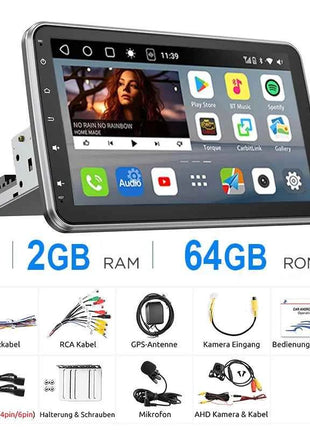 ESSGOO 10.1"Android14 4-64G 360°Rotatable Touchscreen 1 DIN Car Radio Wireless Carplay Bluetooth GPS Navi RDS WIFI MIC EQ FM SWC