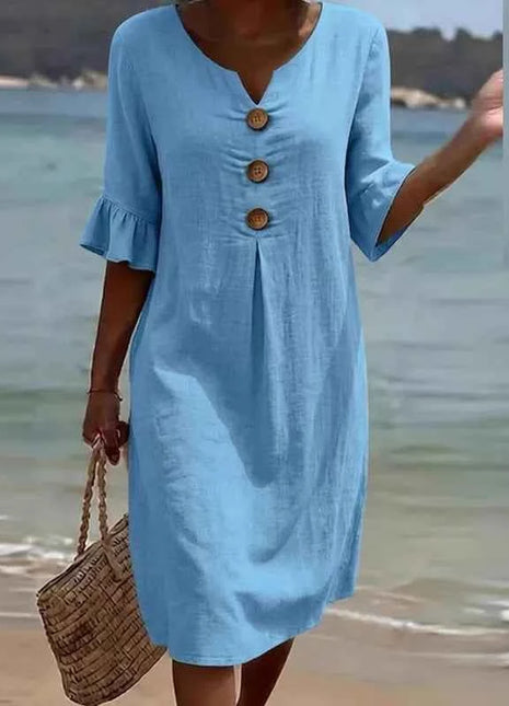 Abito Midi Vintage in Cotone e Lino da Donna, Collezione Primavera 2026, Casual con Scollo a V e Bottoni, Elegante con Maniche a Volant, Vestito da Festa a Trapezio
