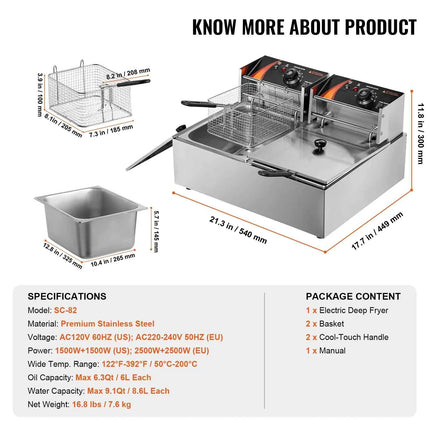 Friggitrice Elettrica Commerciale SucceBuy 12L Doppia Vasca 3000W - Acciaio Inox