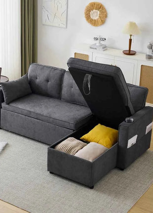 L-shaped Upholstered Sofa Bed with Sleeping Function, with Storage Space and Beverage Holder, Left and Right Interchangeable