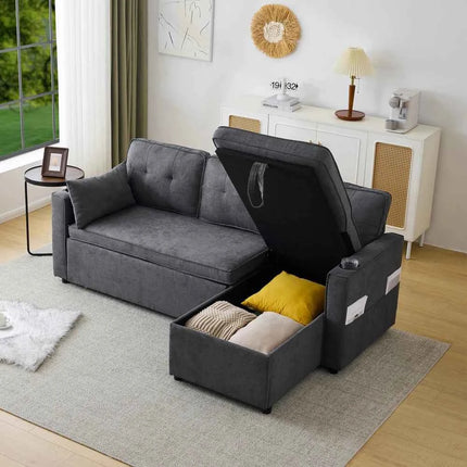 L-shaped Upholstered Sofa Bed with Sleeping Function, with Storage Space and Beverage Holder, Left and Right Interchangeable