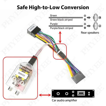 PHYEE Cablaggio convertitore ad alta a bassa impedenza da 16 pin, filtro antirumore trasformatore adattatore uscita linea RCA, Plug & Play per Android per auto