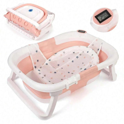 Baby Bathtub, Space Saving & Foldable Baby Bathtub with Thermometer, Non-Slip Bath Pillow And Drain Hole for Newborn And Toddler