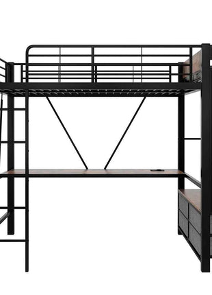 KOMHTOM High Bed 90x200cm Iron frame with desk LED bar USB + TYPE-C socket 4 drawers