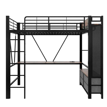 KOMHTOM High Bed 90x200cm Iron frame with desk LED bar USB + TYPE-C socket 4 drawers