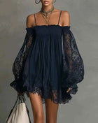 Abito Corto Sexy da Donna con Pizzo e Spalle Scoperte, Maniche Lunghe a Sbuffo, Stile Bohemien, per Primavera/Estate, Ideale per Feste in Spiaggia