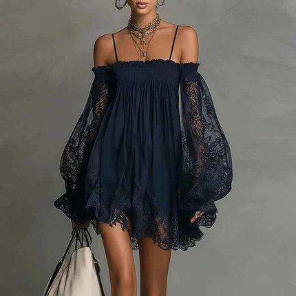 Abito Corto Sexy da Donna con Pizzo e Spalle Scoperte, Maniche Lunghe a Sbuffo, Stile Bohemien, per Primavera/Estate, Ideale per Feste in Spiaggia