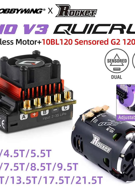 Hobbywing QUICRUN 10BL120 120A ESC w/Rocket 540 V3 4.5T  Motor Sensored Brushless Combo for Competition 1/10 1/12 F1 RC Car