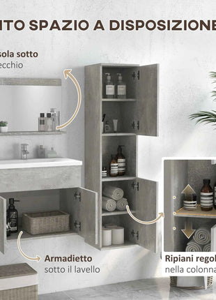 Kleankin 4-Piece Furniture Bathroom Set with 60cm Ceramic Wash Basin, Bathroom Furniture, Wooden Column and Mirror, Grey