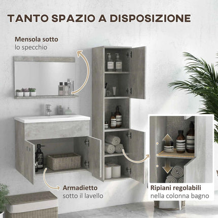 Kleankin 4-Piece Furniture Bathroom Set with 60cm Ceramic Wash Basin, Bathroom Furniture, Wooden Column and Mirror, Grey