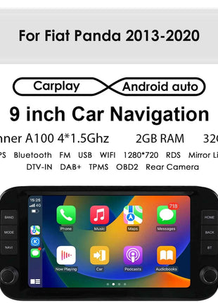 Hizpo 9 Inch 1 Din Wireless Carplay Android Auto Car Radio for Fiat Panda 2013 - 2024 Multimedia Video Player GPS Navigation WIFI Head Unit AI Voice Intelligent Systems Autoradio Stereo QLED Screen Audio FM RDS DVR Camera Map