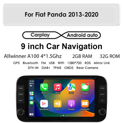 Hizpo 9 Inch 1 Din Wireless Carplay Android Auto Car Radio for Fiat Panda 2013 - 2024 Multimedia Video Player GPS Navigation WIFI Head Unit AI Voice Intelligent Systems Autoradio Stereo QLED Screen Audio FM RDS DVR Camera Map