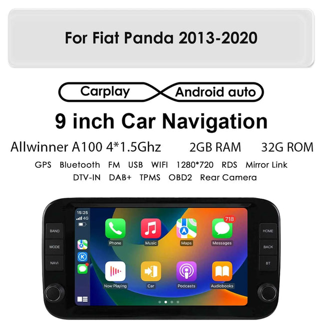 Hizpo 9 Inch 1 Din Wireless Carplay Android Auto Car Radio for Fiat Panda 2013 - 2024 Multimedia Video Player GPS Navigation WIFI Head Unit AI Voice Intelligent Systems Autoradio Stereo QLED Screen Audio FM RDS DVR Camera Map