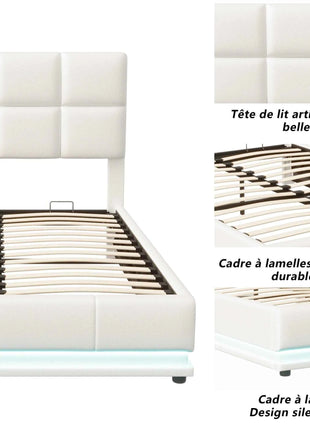 Rosahqnda Hydraulic Double Bed frame 140*190cm with LED Adjustable Headboard Storage bed 140*200cm Cushions bed PU
