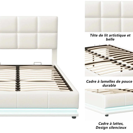 Rosahqnda Hydraulic Double Bed frame 140*190cm with LED Adjustable Headboard Storage bed 140*200cm Cushions bed PU