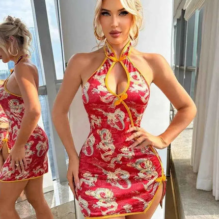 Nuovo vestito da donna drago stampa stile cinese appeso al collo mini abito con spalle scoperte puro desiderio avvolgere l'anca vestito affascinante V1UC