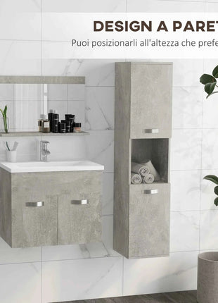 Kleankin 4-Piece Furniture Bathroom Set with 60cm Ceramic Wash Basin, Bathroom Furniture, Wooden Column and Mirror, Grey