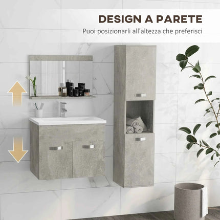 Kleankin 4-Piece Furniture Bathroom Set with 60cm Ceramic Wash Basin, Bathroom Furniture, Wooden Column and Mirror, Grey