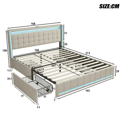 Comanlai 160×200cm Youth Bed, Adult Bed, Upholstered Double Bed, with LED and USB 4 Drawers, Headboard with Storage Space Linen