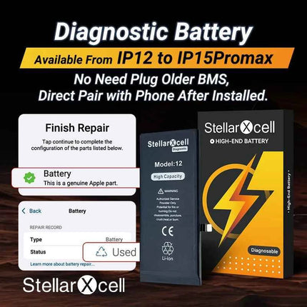 StellarXcell Diagnostic Battery show genuine part no pop up message for iphone 12mini 13Pro 14Plus 15Promax battery replacement