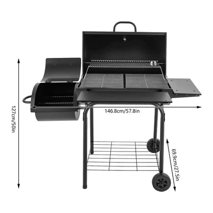 Freestanding Charcoal Grills Family Size Barbecue Smoker with Side Table, Wheels ＆ Food Shelves--147*70*126cm