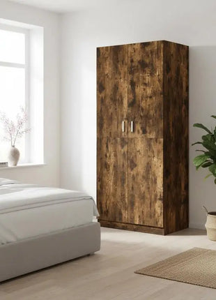 Armadio in Rovere Affumicato 90x52x200 cm con Ante Scorrevoli in Legno Ingegnerizzato, Ripiano e Asta Appendiabiti per Camera da Letto
