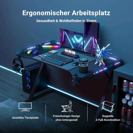 Claiks Gaming Desk with LED Light, Z-Frame Gaming Table with Cup Holder and Built-in Headphone Hook