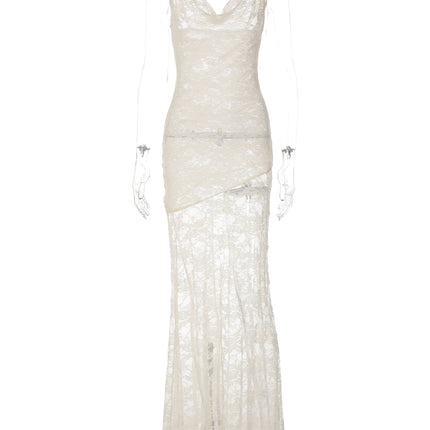 Hugcitar Abito lungo da donna alla moda con stampa floreale in pizzo, senza schienale, patchwork, sexy, trasparente, per vacanze estive in spiaggia