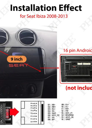 Adattatore per cablaggio radio, decodificatore bus CAN, cavo con spina a 16 pin, telaio del pannello del sistema Android da 9 pollici per Seat Ibiza dal 2008 al 2013
