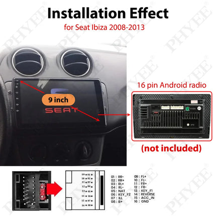 Adattatore per cablaggio radio, decodificatore bus CAN, cavo con spina a 16 pin, telaio del pannello del sistema Android da 9 pollici per Seat Ibiza dal 2008 al 2013