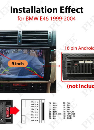 9" 2DIN dashboard panel frame for BMW 3 E46 1999-2004, wiring harness adapter, CAN Bus decoder, for 16-pin Android radio system