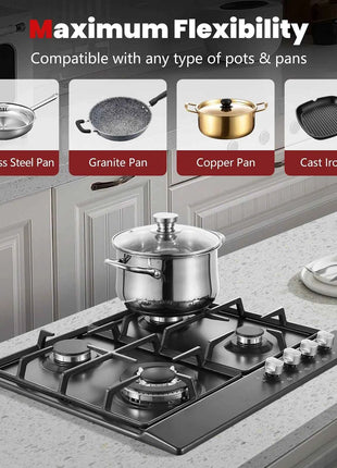4 Burners Black Enamelled Plate 58 cm Automatic Flame Protection, Natural Gas and Propane Gas, Built-in Gas Hob