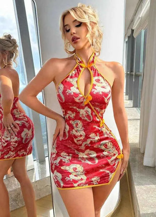 Nuovo vestito da donna drago stampa stile cinese appeso al collo mini abito con spalle scoperte puro desiderio avvolgere l'anca vestito affascinante V1UC