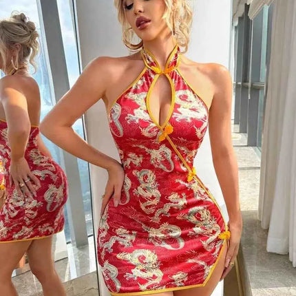 Nuovo vestito da donna drago stampa stile cinese appeso al collo mini abito con spalle scoperte puro desiderio avvolgere l'anca vestito affascinante V1UC