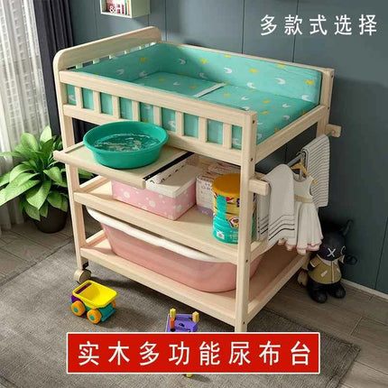 Baby Solid Wood Diaper Changing Table Multi-functional Bathing Massage Touching and Nursing Table for Newborns Movable