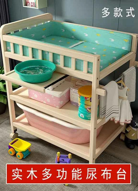 Baby Solid Wood Diaper Changing Table Multi-functional Bathing Massage Touching and Nursing Table for Newborns Movable