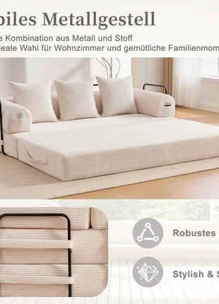 Folding Compression Sofa with Metal Frame, Side Pockets Plus 3 Pillows. Freely Configurable. Modern Metal-fabric Combination