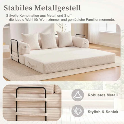 Folding Compression Sofa with Metal Frame, Side Pockets Plus 3 Pillows. Freely Configurable. Modern Metal-fabric Combination