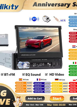 Hikity Car Radio 1DIN 7 inch HD Retractable Touch Screen MP5 Multimedia Player BT FM SD EQ USB AUX Stereo Audio Remote Control